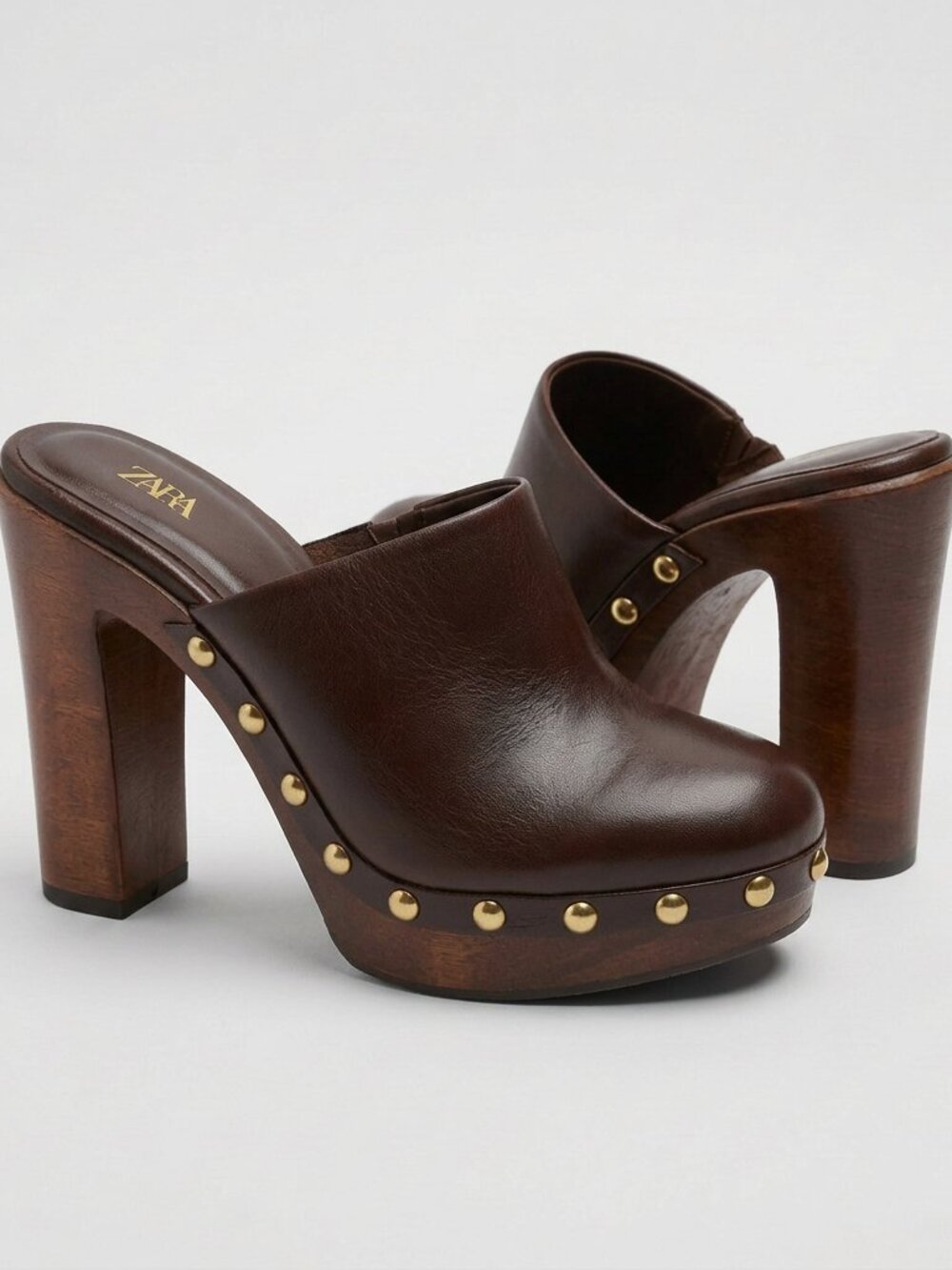 Zara Studded Wooden High Heel Clogs Size 38